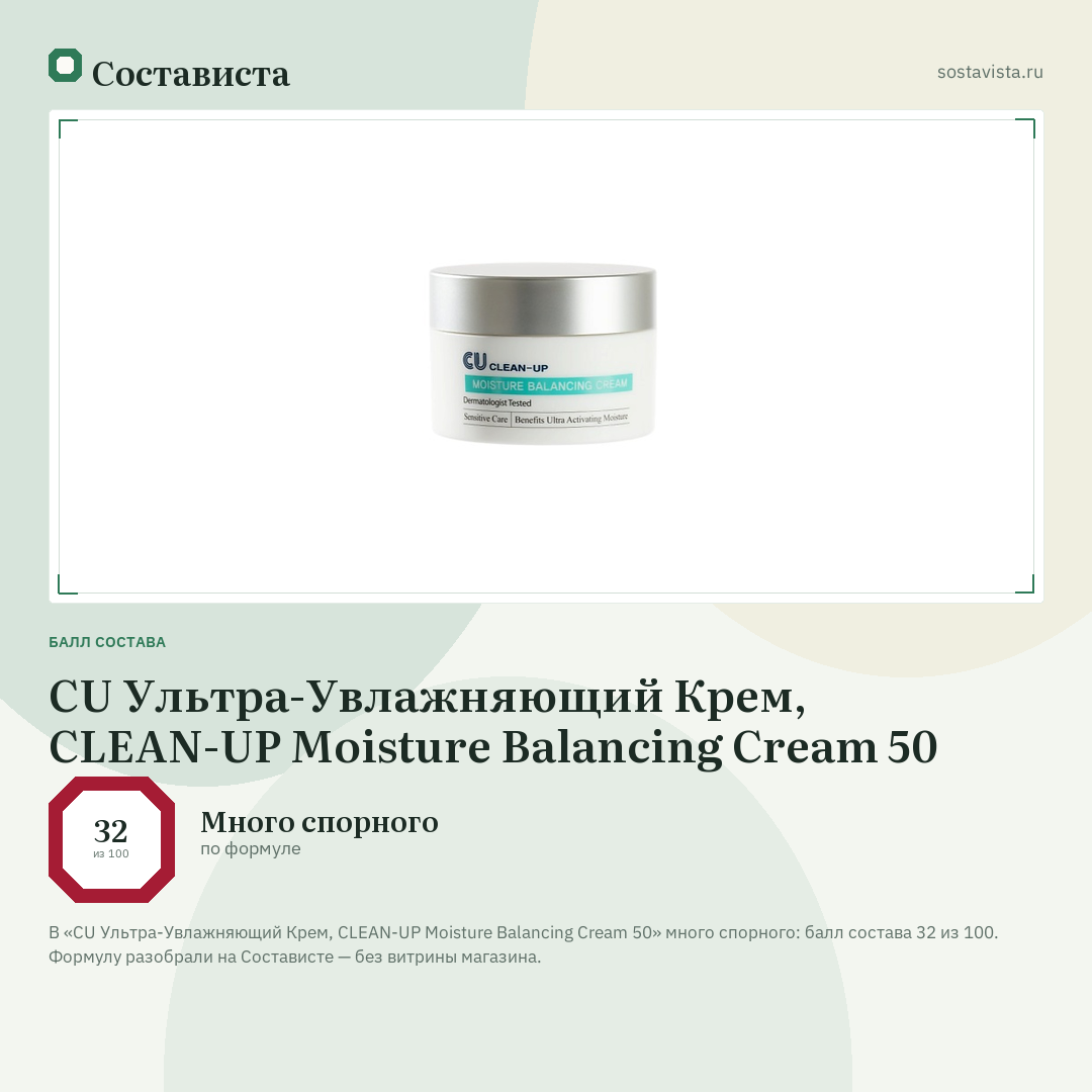 CU Ультра-Увлажняющий Крем, CLEAN-UP Moisture Balancing Cream 50: балл состава 32 из 100 — Состависта