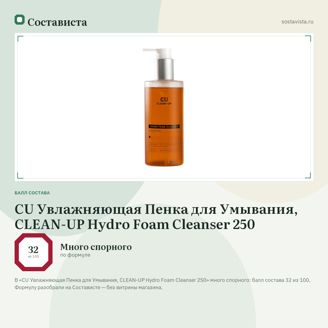 CU Увлажняющая Пенка для Умывания, CLEAN-UP Hydro Foam Cleanser 250: балл состава 32 из 100 — Состависта