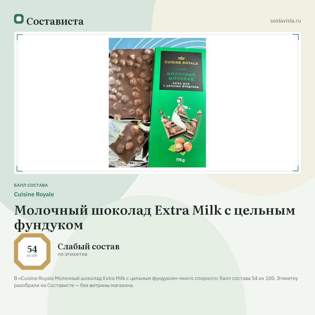 Cuisine Royale Молочный шоколад Extra Milk с цельным фундуком: балл состава 54 из 100 — Состависта