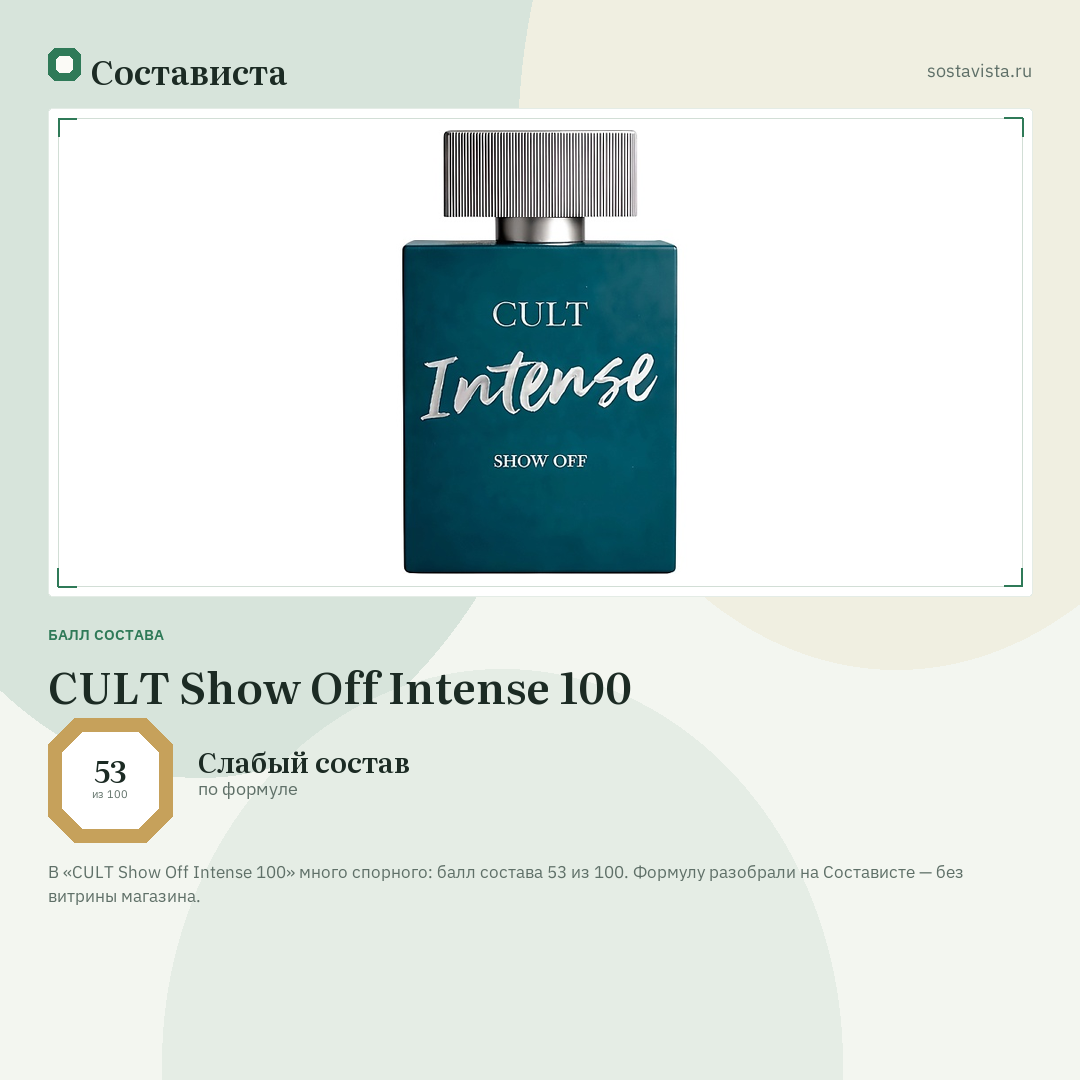 CULT Show Off Intense 100: балл состава 53 из 100 — Состависта