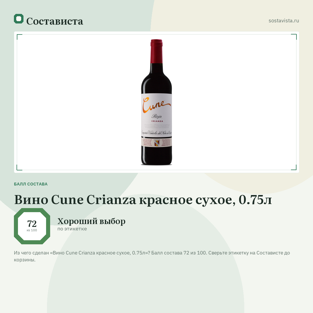 Вино Cune Crianza красное сухое, 0.75л: балл состава 72 из 100 — Состависта