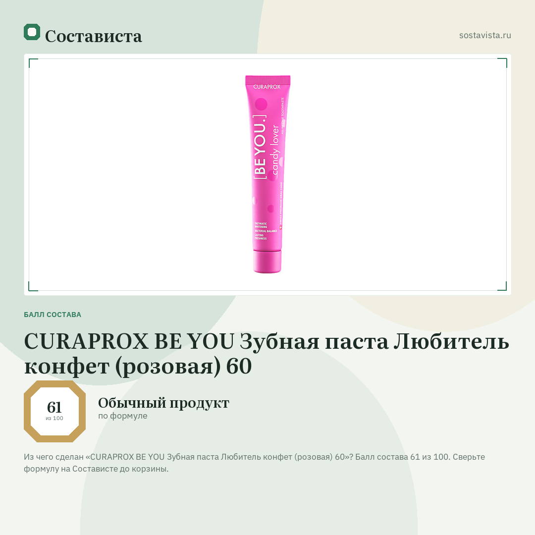 CURAPROX BE YOU Зубная паста Любитель конфет (розовая) 60: балл состава 61 из 100 — Состависта