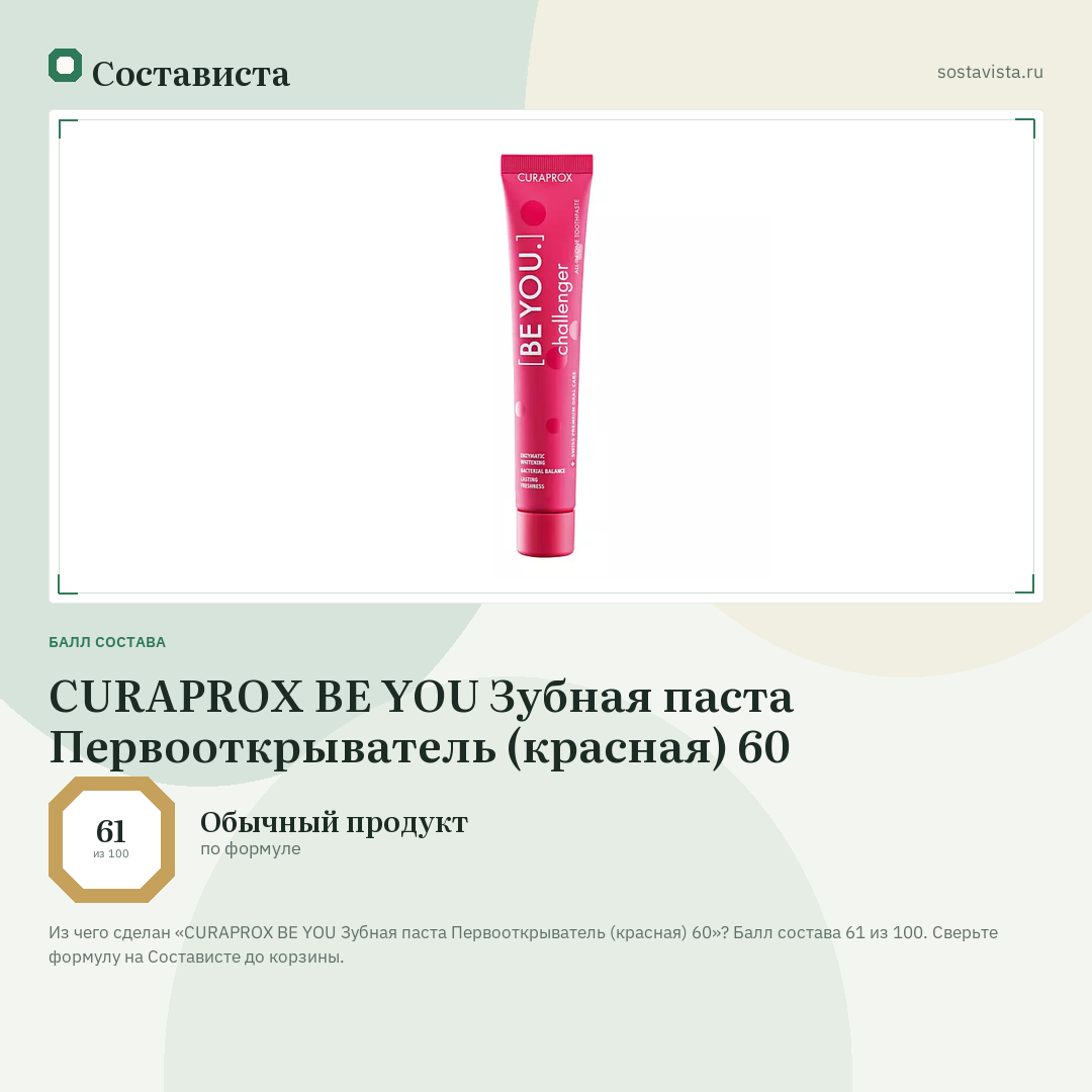 CURAPROX BE YOU Зубная паста Первооткрыватель (красная) 60: балл состава 61 из 100 — Состависта