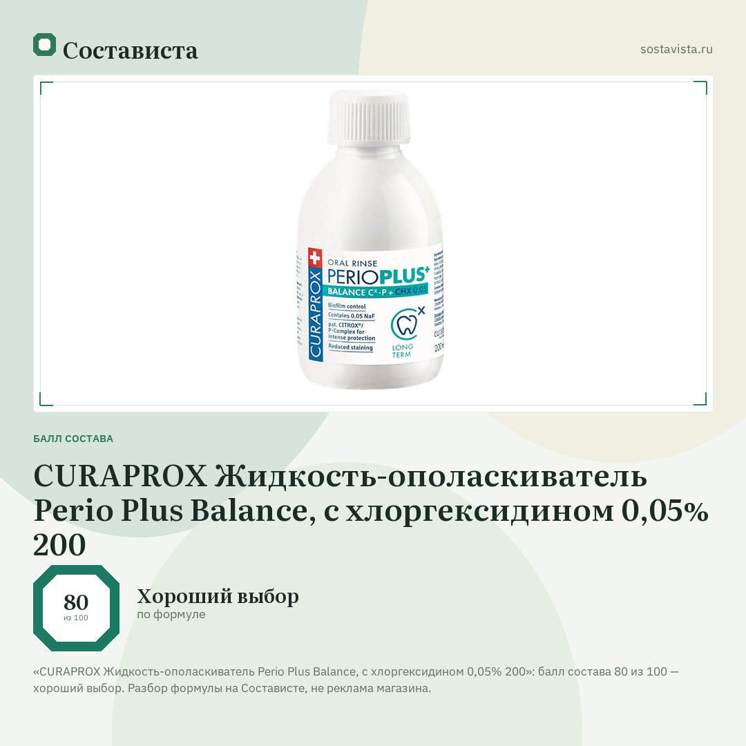 CURAPROX Жидкость-ополаскиватель Perio Plus Balance, с хлоргексидинoм 0,05% 200: балл состава 80 из 100 — Состависта