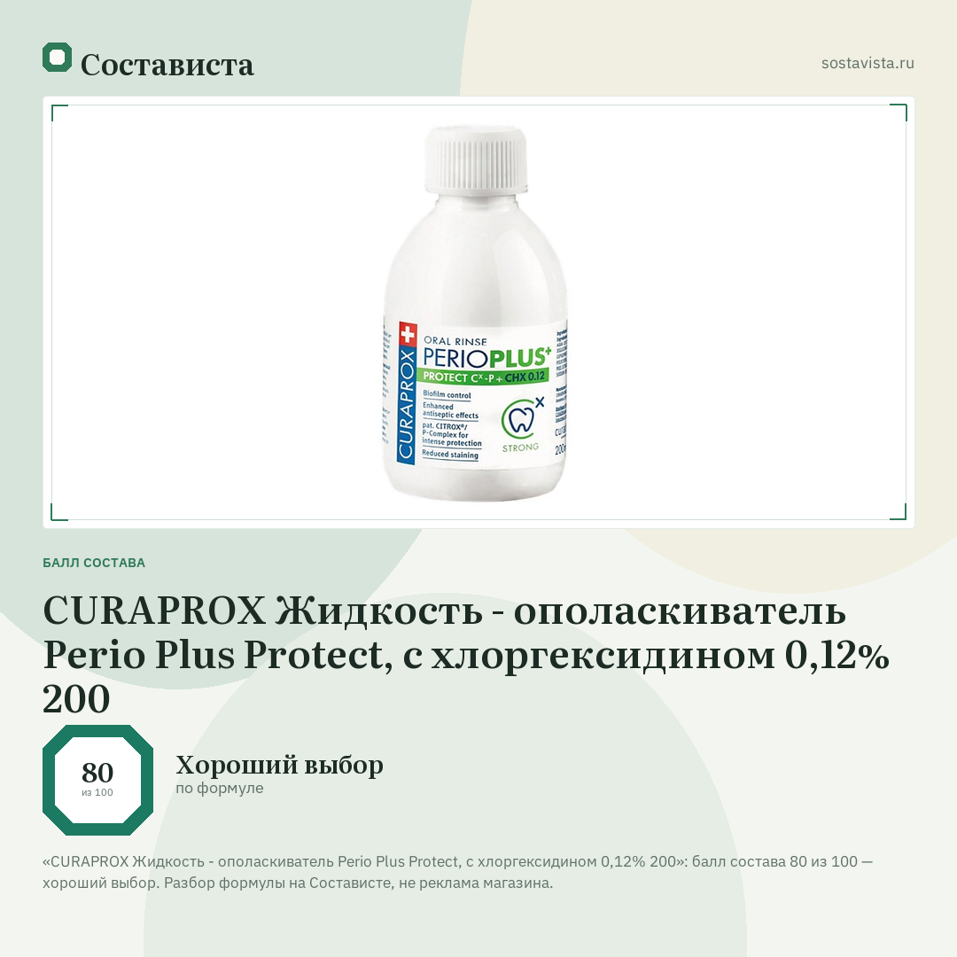 CURAPROX Жидкость - ополаскиватель Perio Plus Protect, с хлоргексидином 0,12% 200: балл состава 80 из 100 — Состависта