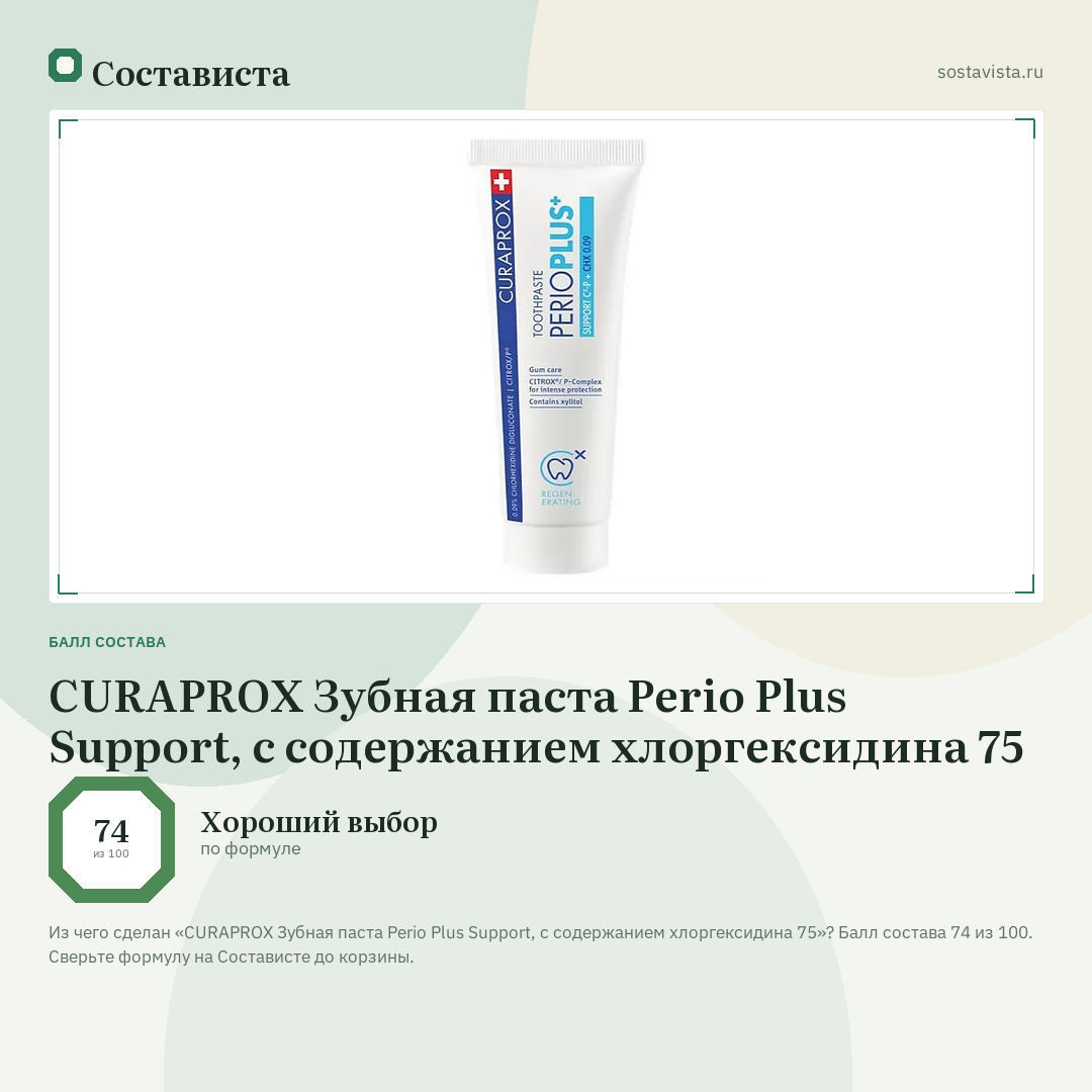 CURAPROX Зубная паста Perio Plus Support, с содержанием хлоргексидина 75: балл состава 74 из 100 — Состависта