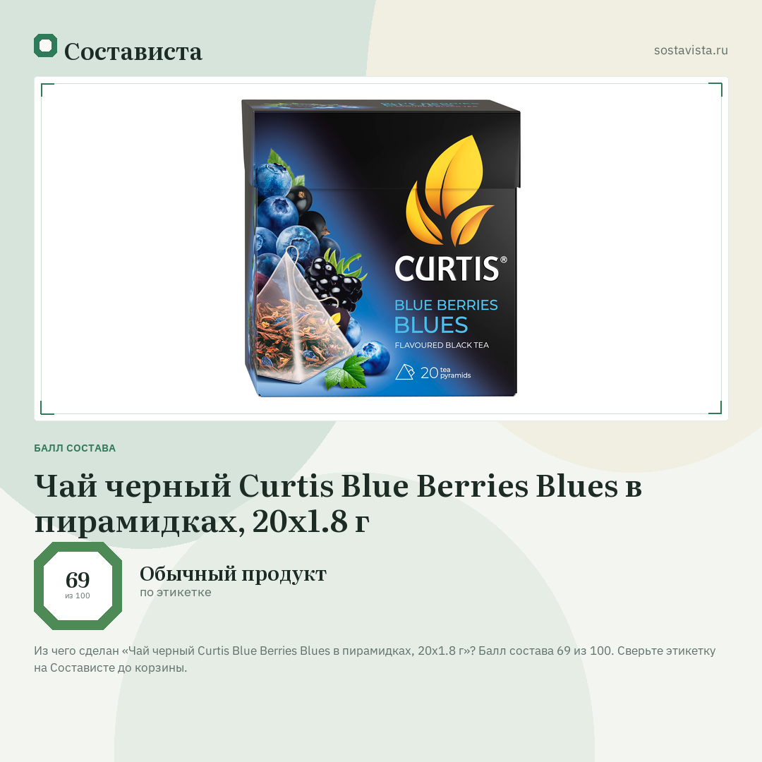 Чай черный Curtis Blue Berries Blues в пирамидках, 20х1.8 г: балл состава 69 из 100 — Состависта