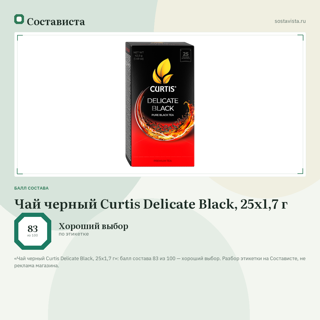 Чай черный Curtis Delicate Black, 25x1,7 г: балл состава 83 из 100 — Состависта