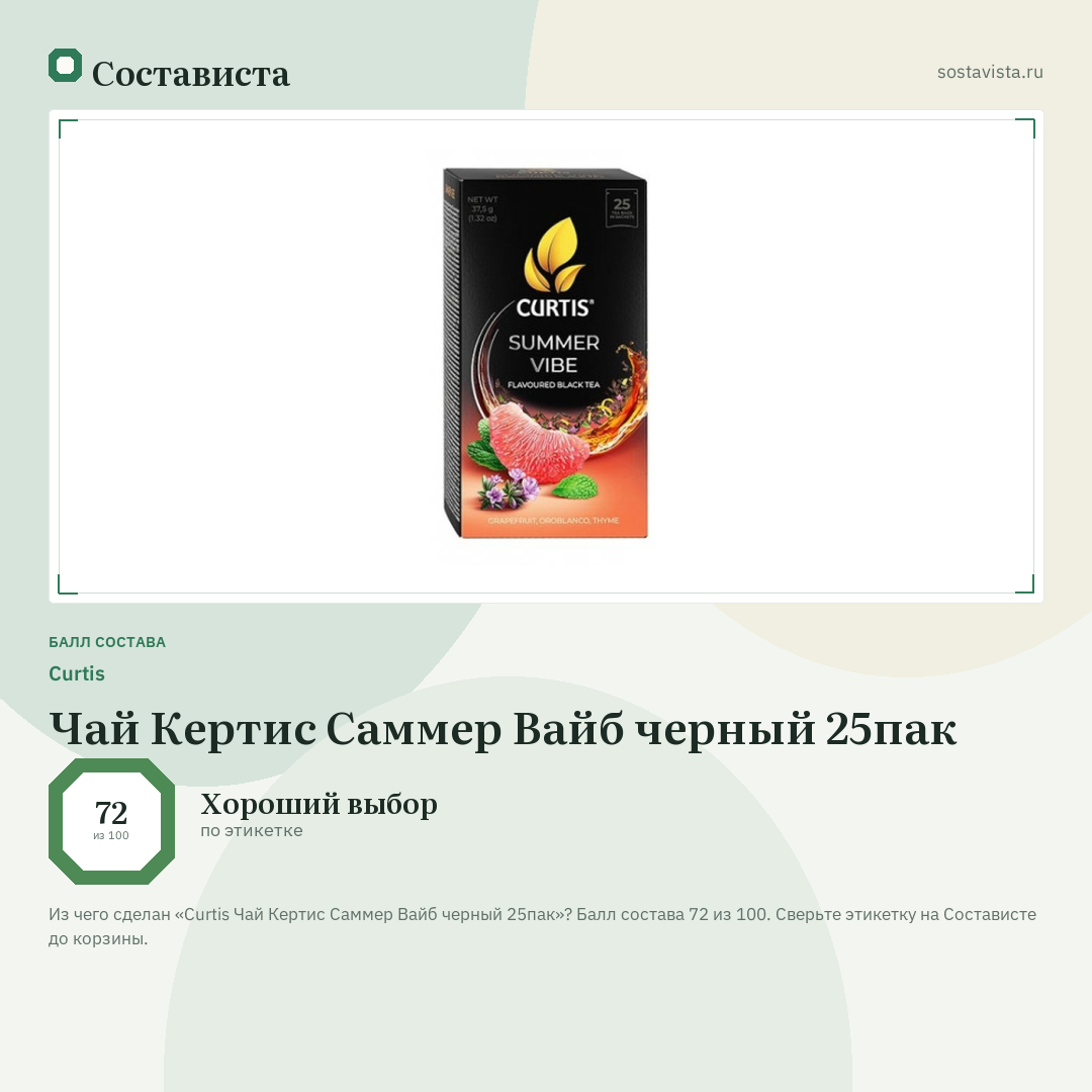 Curtis Чай Кертис Саммер Вайб черный 25пак: балл состава 72 из 100 — Состависта