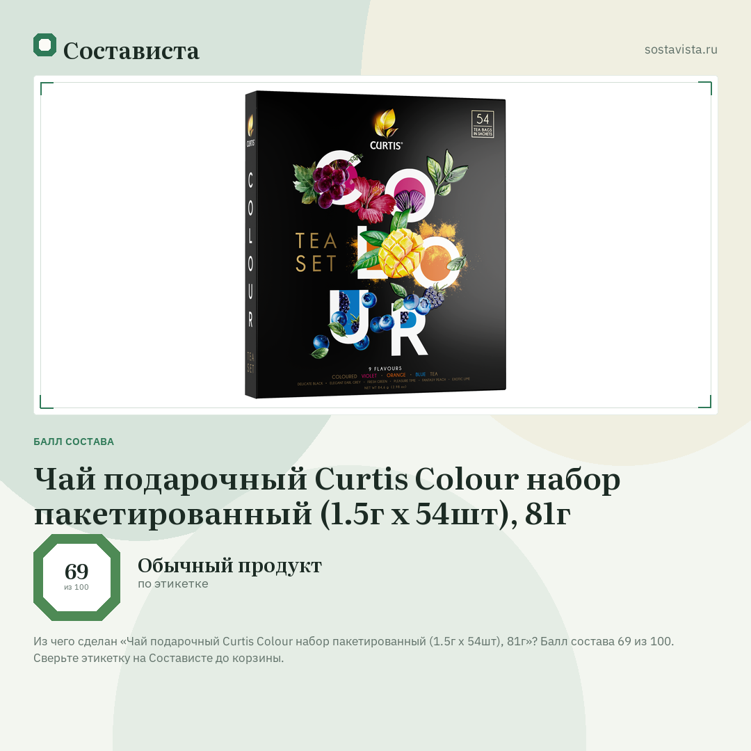 Чай подарочный Curtis Colour набор пакетированный (1.5г x 54шт), 81г: балл состава 69 из 100 — Состависта