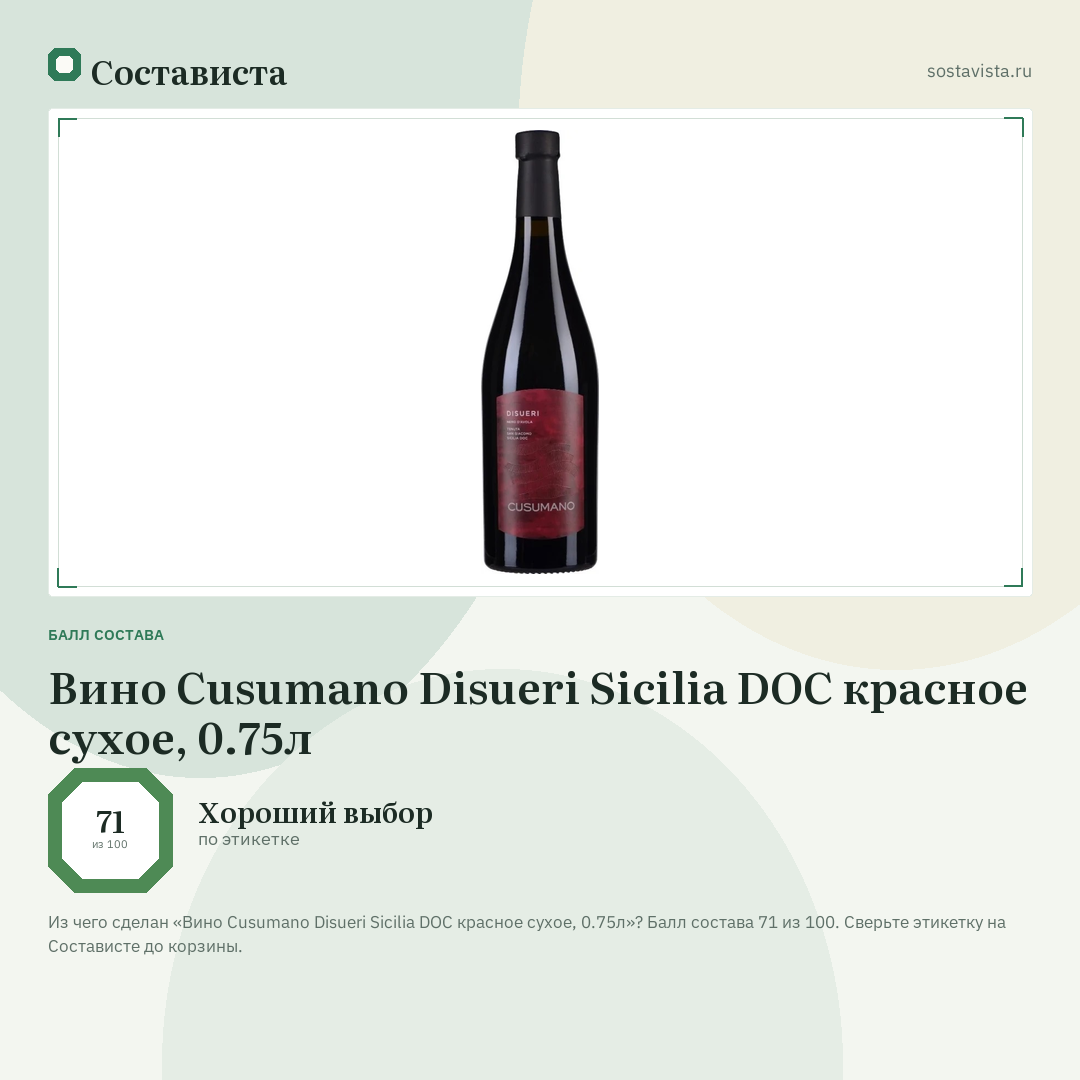 Вино Cusumano Disueri Sicilia DOC красное сухое, 0.75л: балл состава 71 из 100 — Состависта