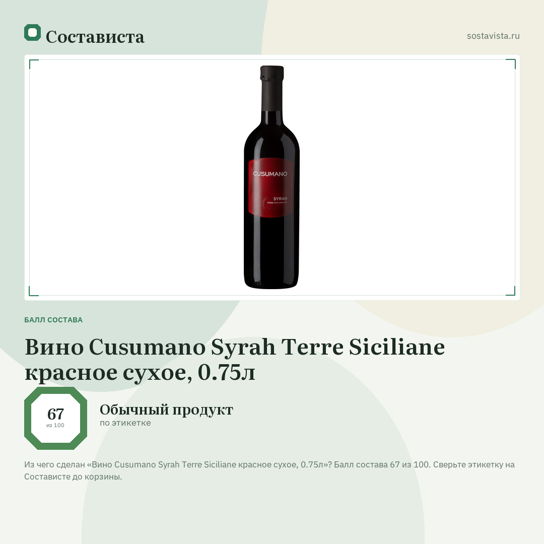 Вино Cusumano Syrah Terre Siciliane красное сухое, 0.75л: балл состава 67 из 100 — Состависта