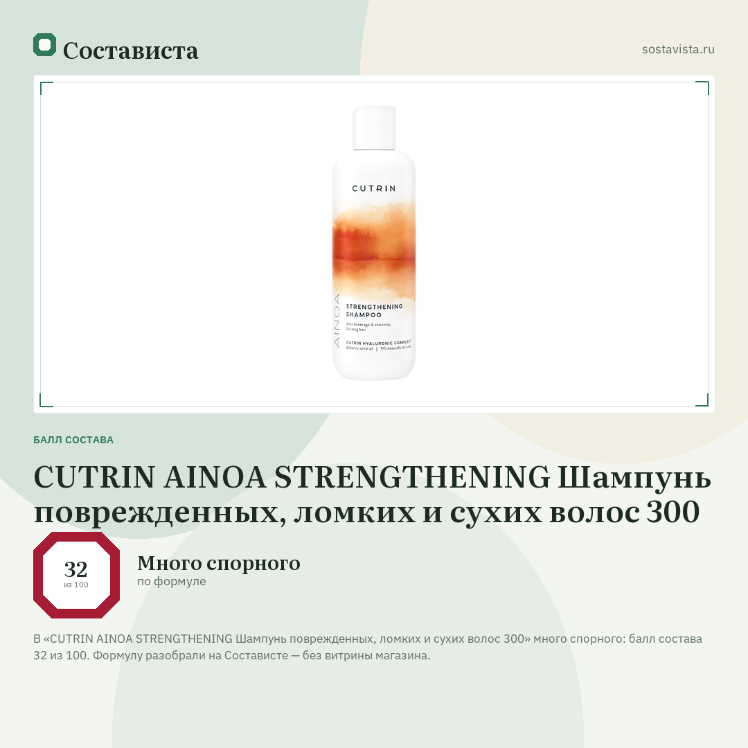 CUTRIN AINOA STRENGTHENING Шампунь поврежденных, ломких и сухих волос 300: балл состава 32 из 100 — Состависта