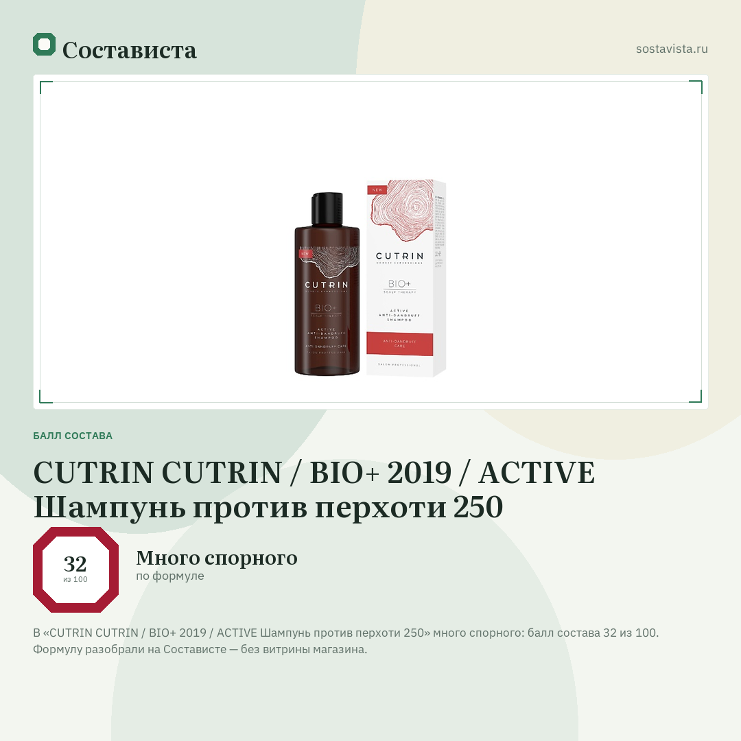 CUTRIN CUTRIN / BIO+ 2019 / ACTIVE Шампунь против перхоти 250: балл состава 32 из 100 — Состависта