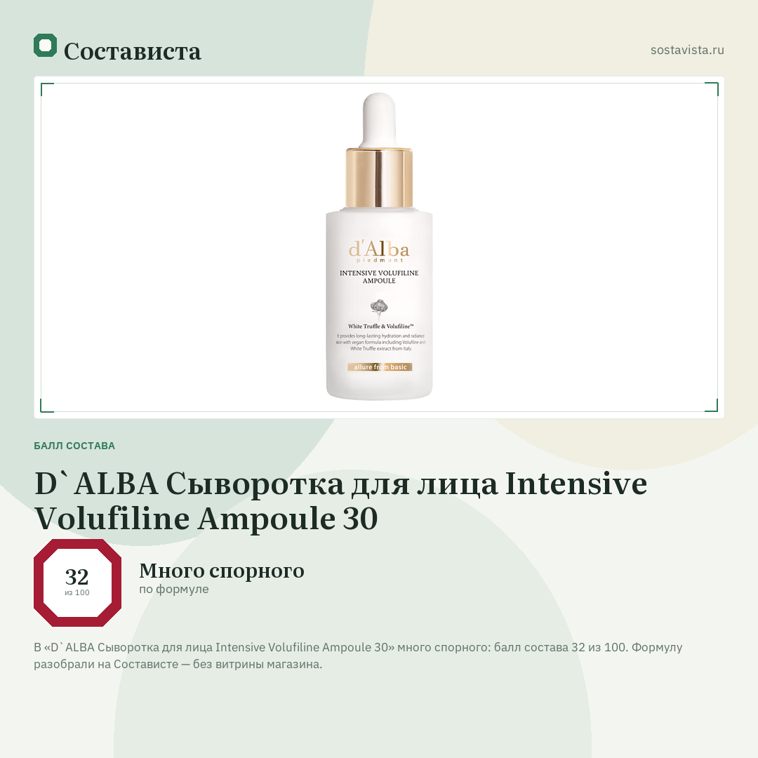 D`ALBA Сыворотка для лица Intensive Volufiline Ampoule 30: балл состава 32 из 100 — Состависта