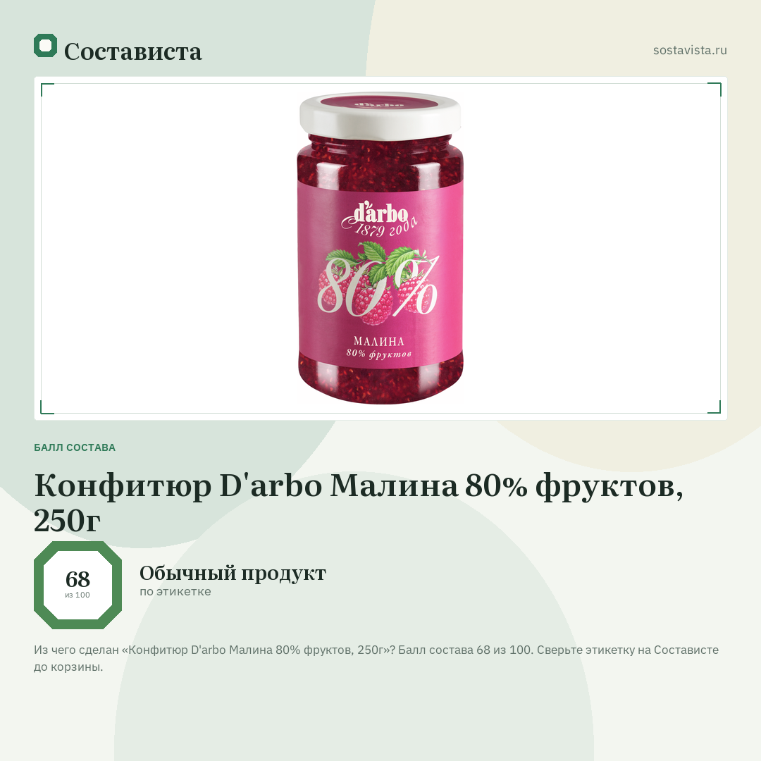 Конфитюр D'arbo Малина 80% фруктов, 250г: балл состава 68 из 100 — Состависта