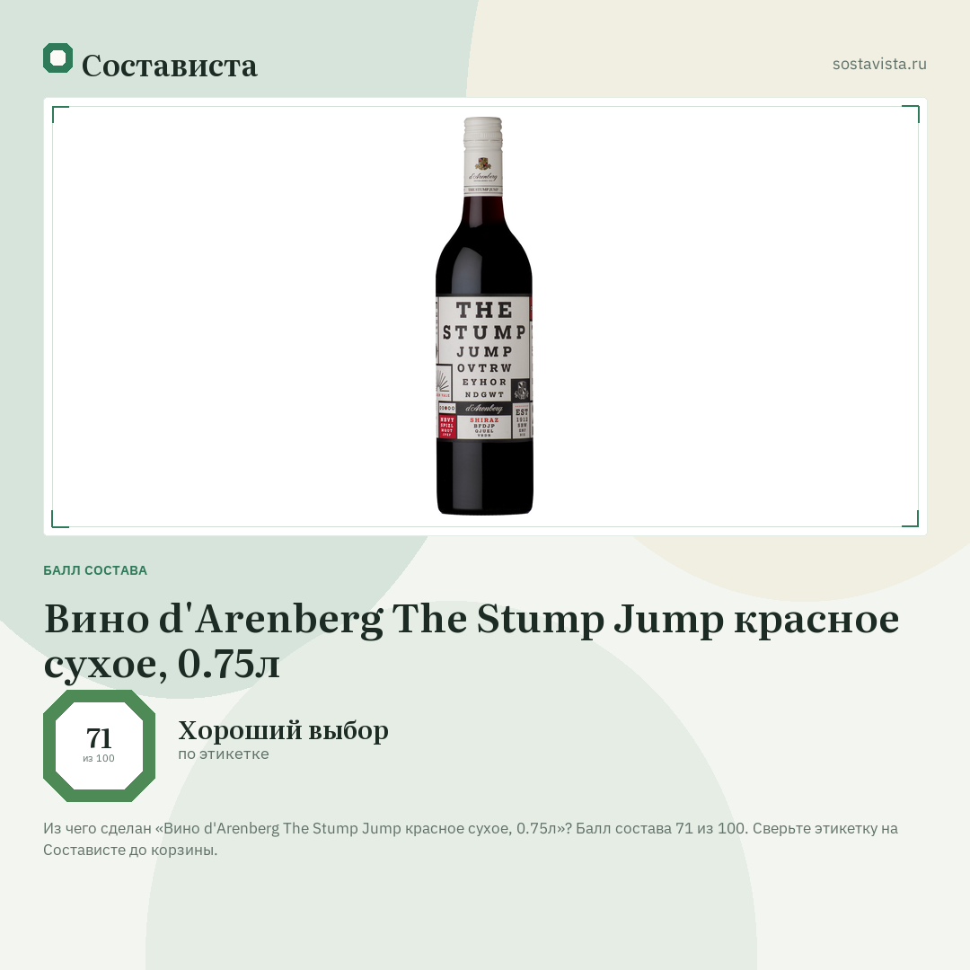 Вино d'Arenberg The Stump Jump красное сухое, 0.75л: балл состава 71 из 100 — Состависта