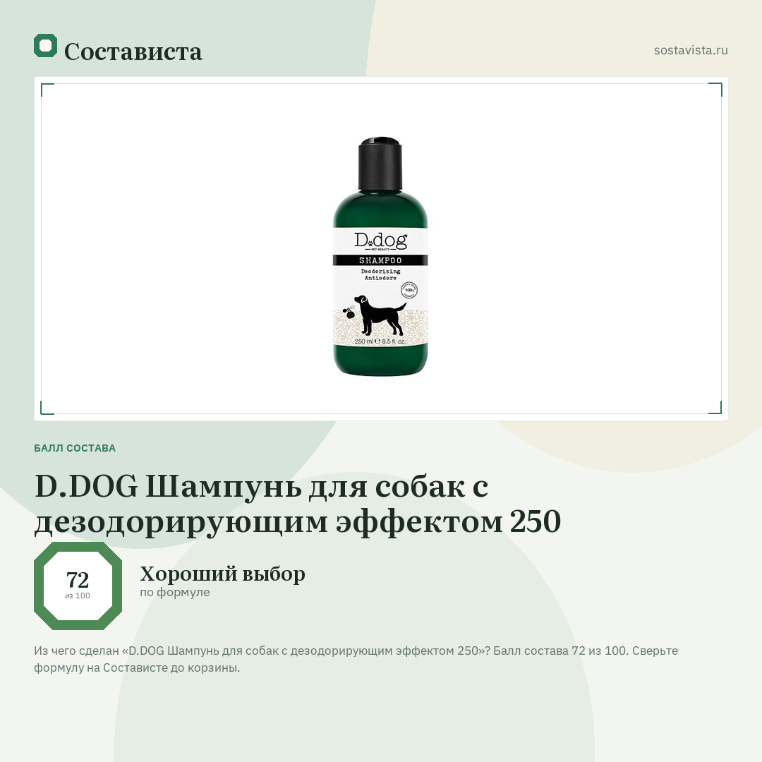 D.DOG Шампунь для собак с дезодорирующим эффектом 250: балл состава 72 из 100 — Состависта