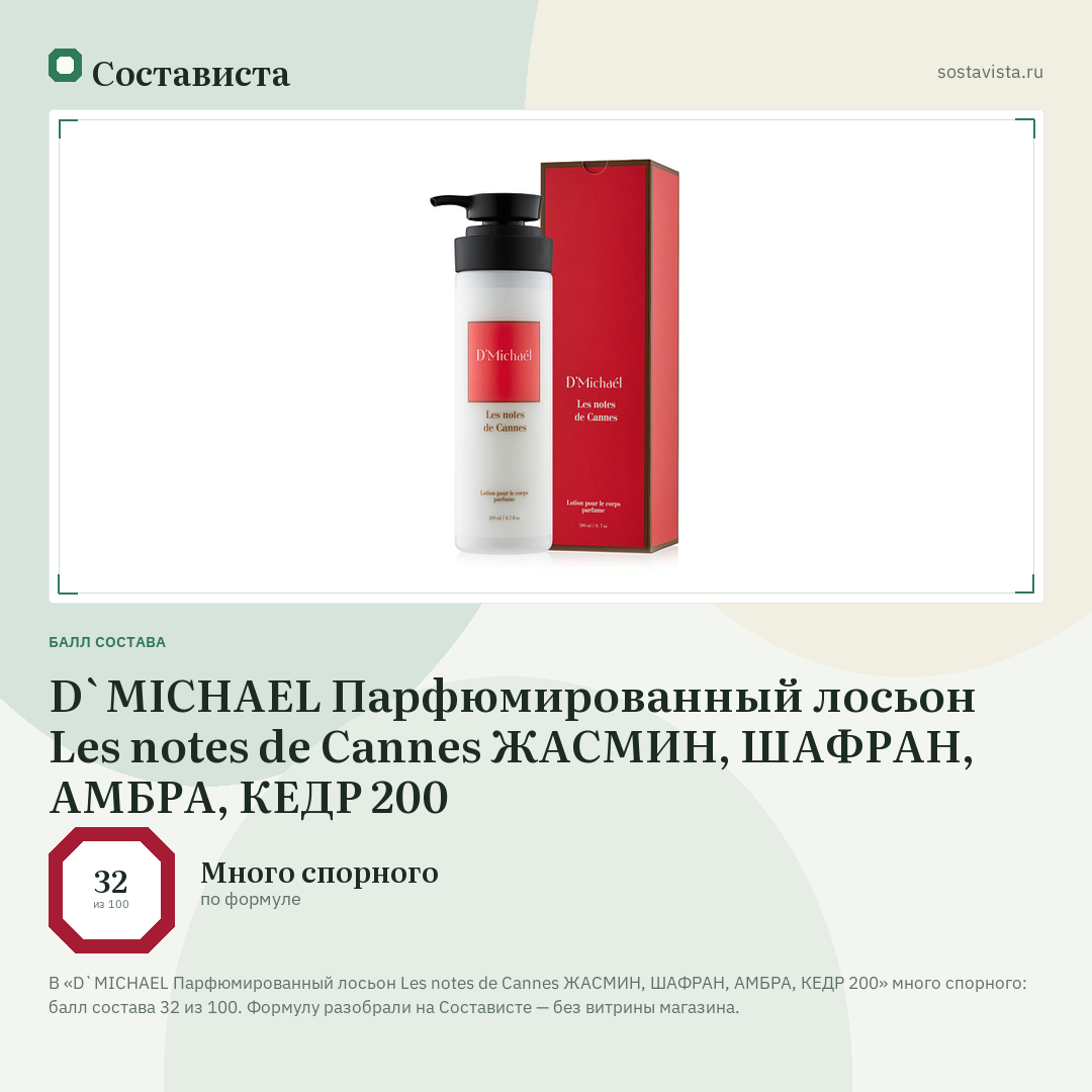 D`MICHAEL Парфюмированный лосьон Les notes de Cannes ЖАСМИН, ШАФРАН, АМБРА, КЕДР 200: балл состава 32 из 100 — Состависта