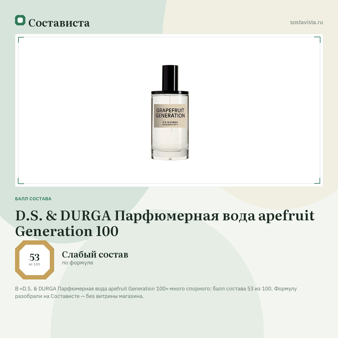 D.S. & DURGA Парфюмерная вода apefruit Generation 100: балл состава 53 из 100 — Состависта