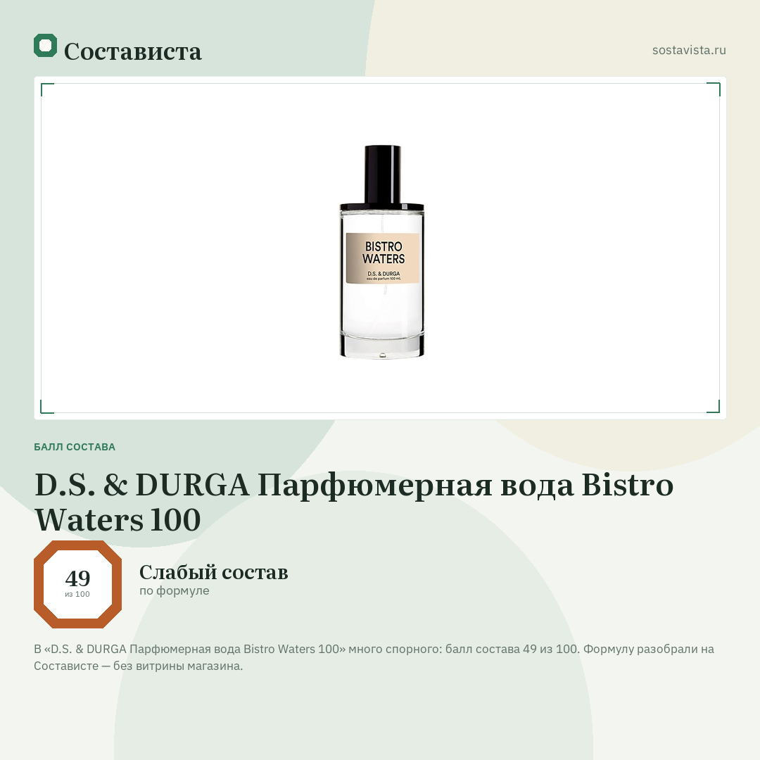 D.S. & DURGA Парфюмерная вода Bistro Waters 100: балл состава 49 из 100 — Состависта
