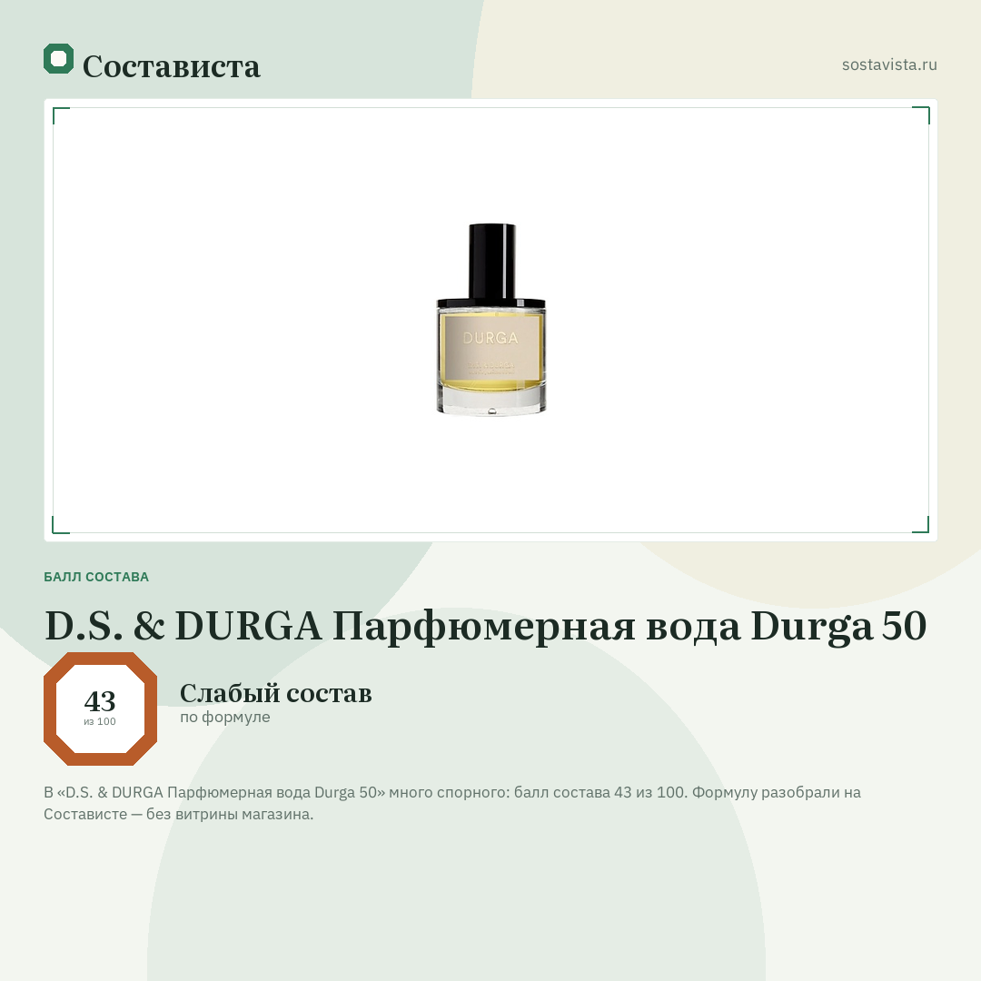 D.S. & DURGA Парфюмерная вода Durga 50: балл состава 43 из 100 — Состависта