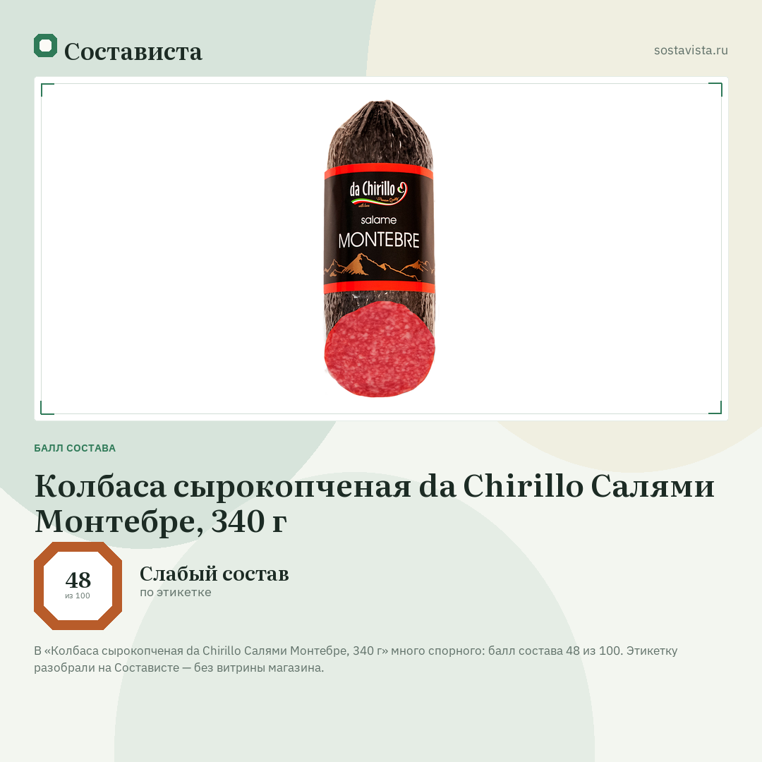 Колбаса сырокопченая da Chirillo Салями Монтебре, 340 г: балл состава 48 из 100 — Состависта