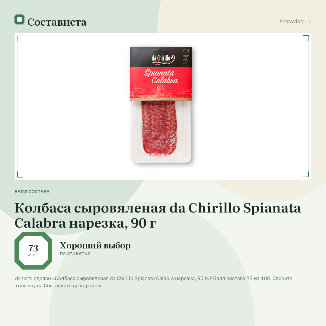 Колбаса сыровяленая da Chirillo Spianata Calabra нарезка, 90 г: балл состава 73 из 100 — Состависта