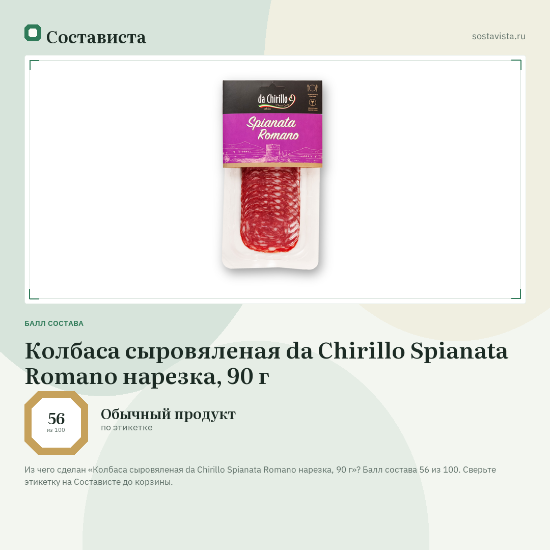 Колбаса сыровяленая da Chirillo Spianata Romano нарезка, 90 г: балл состава 56 из 100 — Состависта