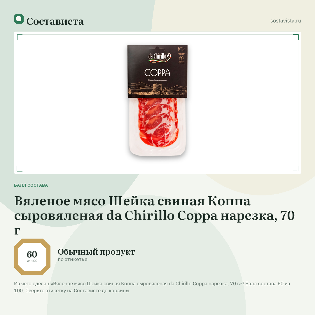 Вяленое мясо Шейка свиная Коппа сыровяленая da Chirillo Coppa нарезка, 70 г: балл состава 60 из 100 — Состависта