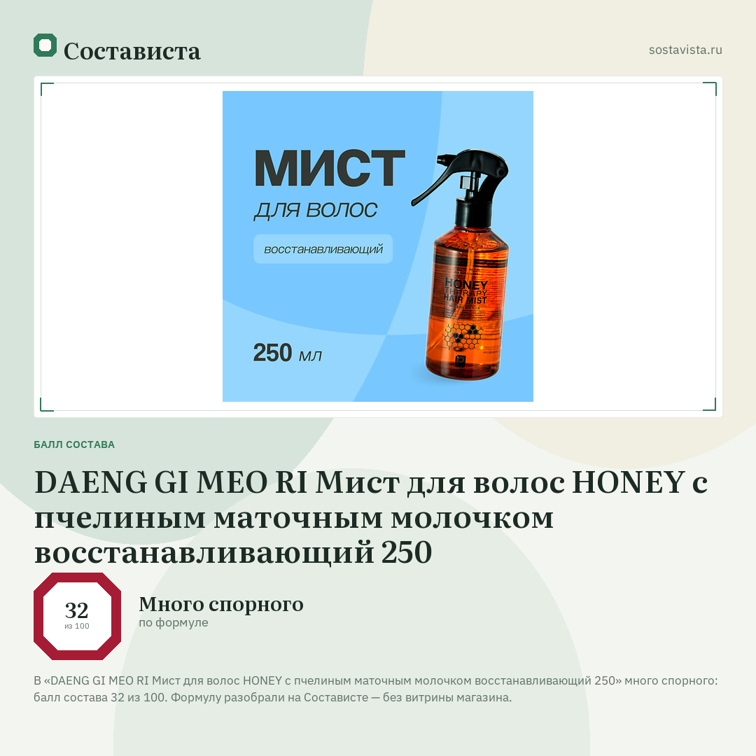 DAENG GI MEO RI Мист для волос HONEY c пчелиным маточным молочком восстанавливающий 250: балл состава 32 из 100 — Состависта