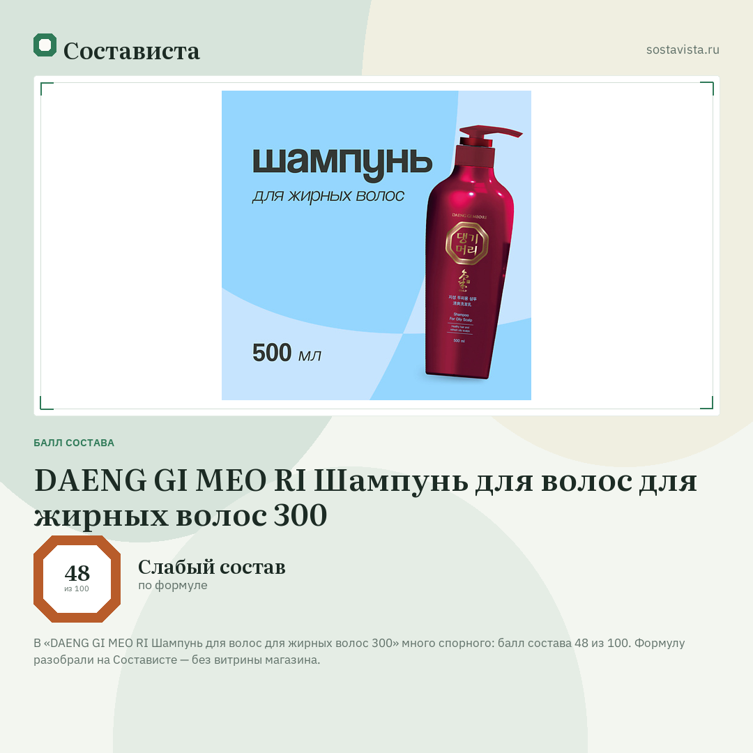 DAENG GI MEO RI Шампунь для волос для жирных волоc 300: балл состава 48 из 100 — Состависта