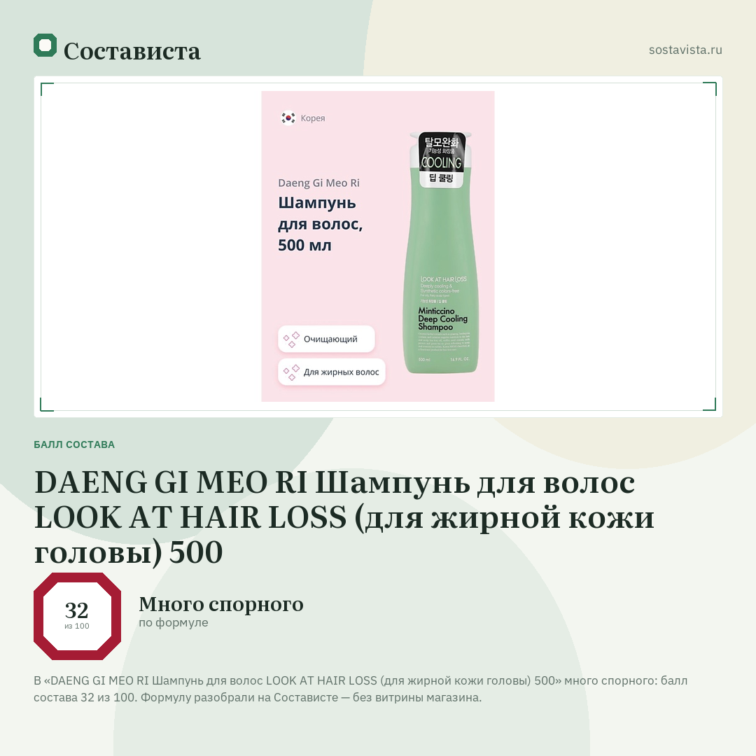 DAENG GI MEO RI Шампунь для волос LOOK AT HAIR LOSS (для жирной кожи головы) 500: балл состава 32 из 100 — Состависта