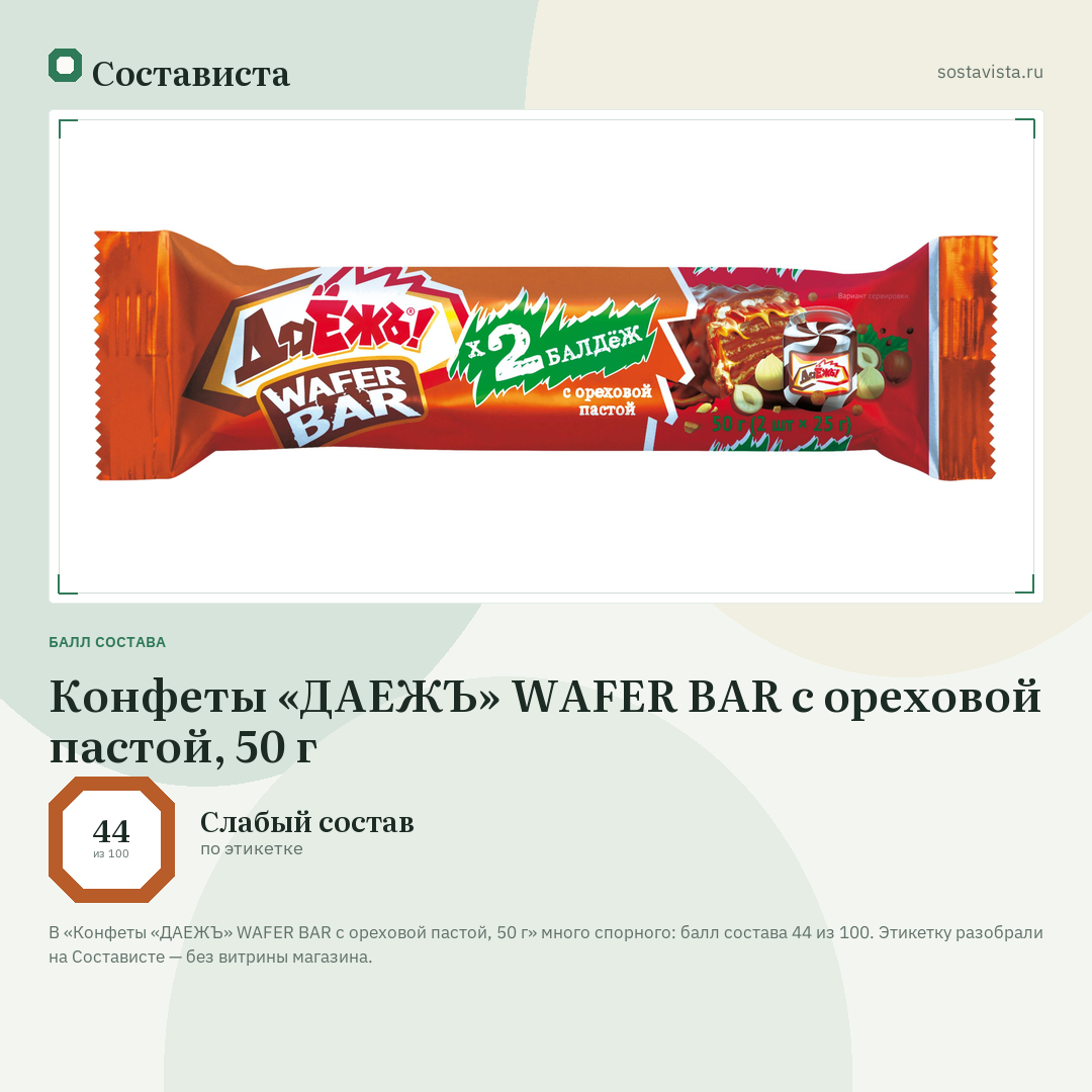Конфеты «ДАЕЖЪ» WAFER BAR с ореховой пастой, 50 г: балл состава 44 из 100 — Состависта