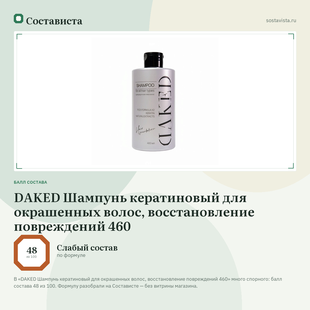 DAKED Шампунь кератиновый для окрашенных волос, восстановление повреждений 460: балл состава 48 из 100 — Состависта