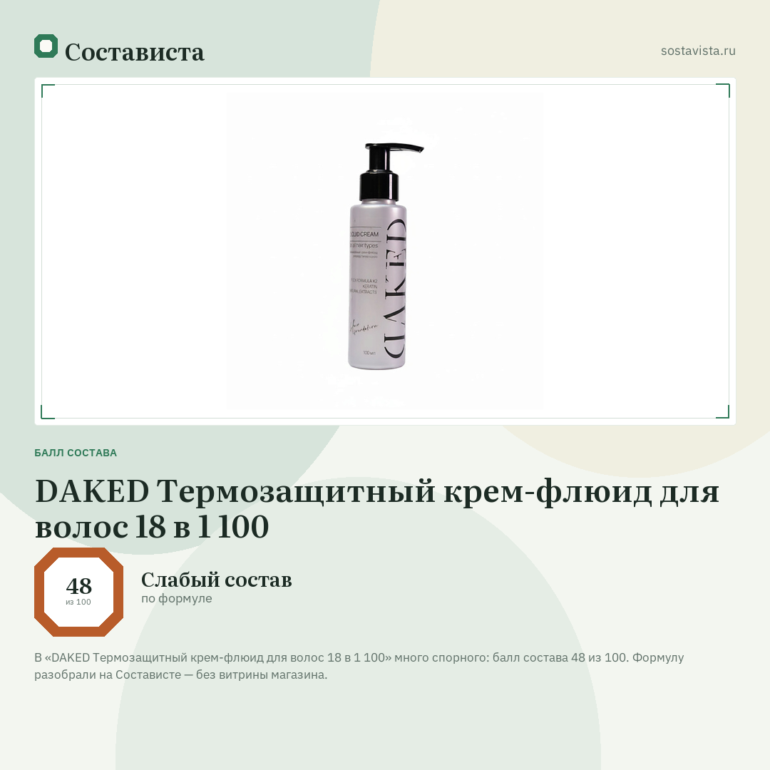 DAKED Термозащитный крем-флюид для волос 18 в 1 100: балл состава 48 из 100 — Состависта