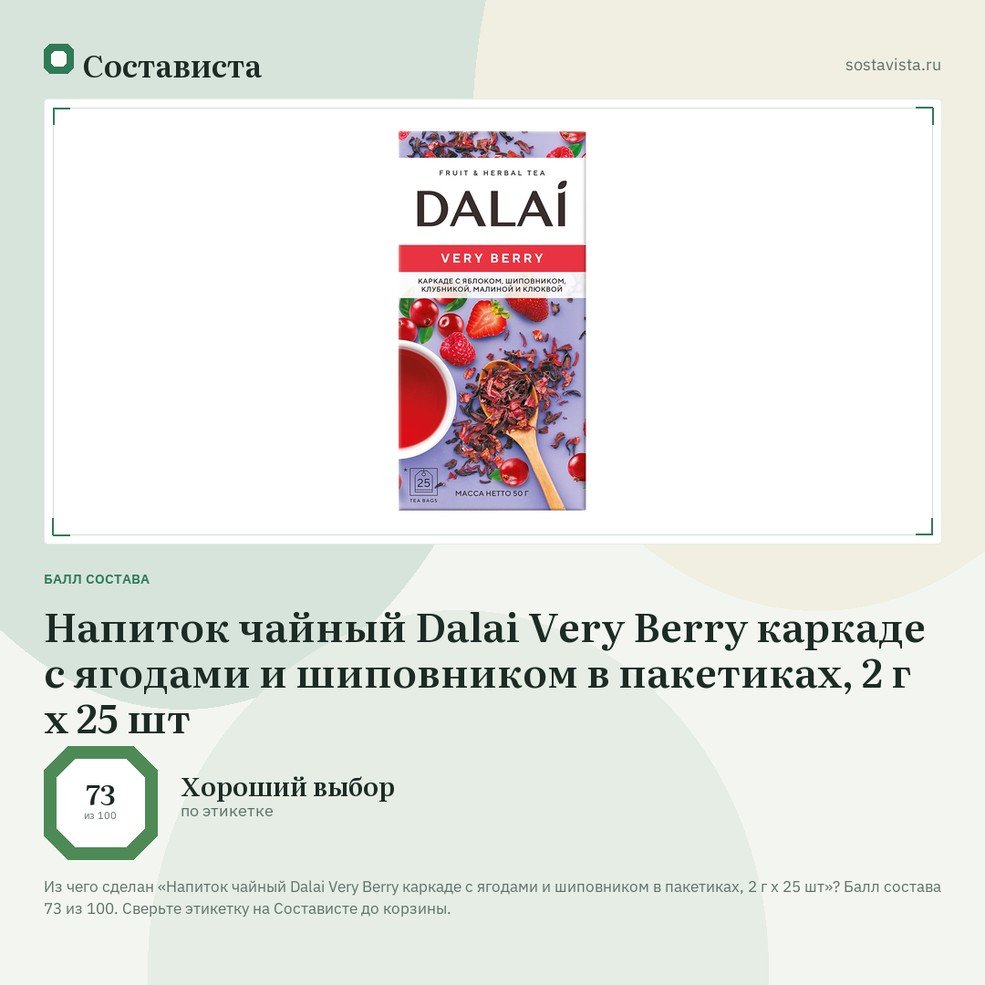 Напиток чайный Dalai Very Berry каркаде с ягодами и шиповником в пакетиках, 2 г х 25 шт: балл состава 73 из 100 — Состависта