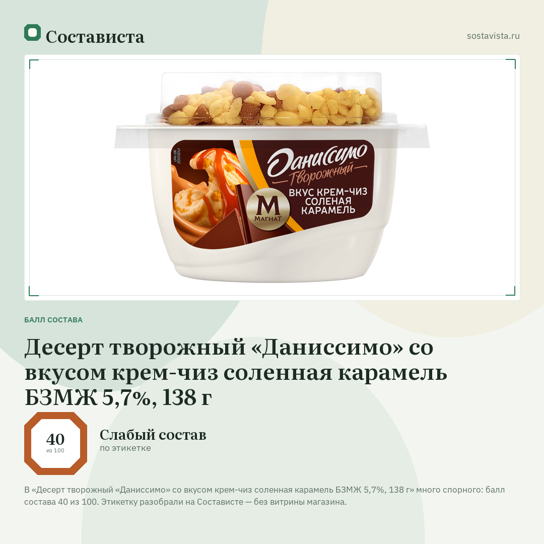 Десерт творожный «Даниссимо» со вкусом крем-чиз соленная карамель БЗМЖ 5,7%, 138 г: балл состава 40 из 100 — Состависта