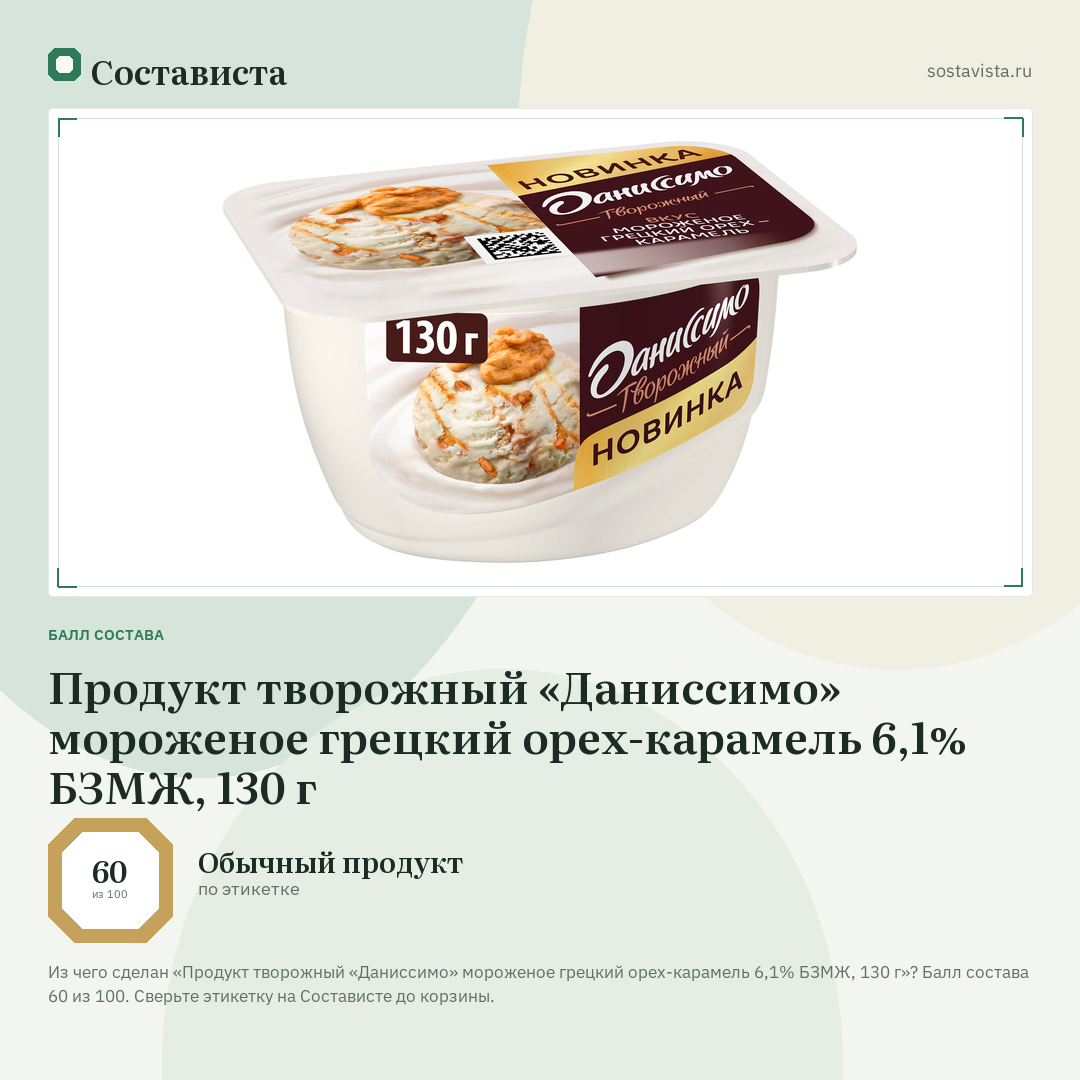 Продукт творожный «Даниссимо» мороженое грецкий орех-карамель 6,1% БЗМЖ, 130 г: балл состава 60 из 100 — Состависта