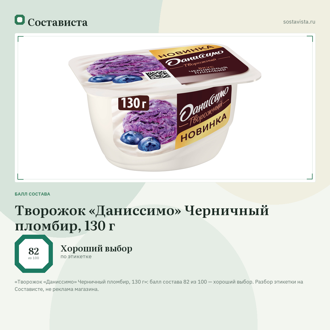 Творожок «Даниссимо» Черничный пломбир, 130 г: балл состава 82 из 100 — Состависта