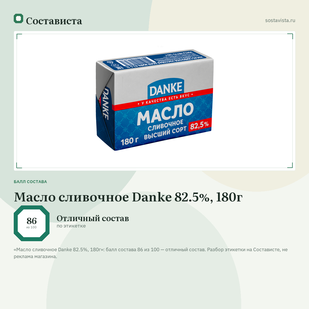 Масло сливочное Danke 82.5%, 180г: балл состава 86 из 100 — Состависта