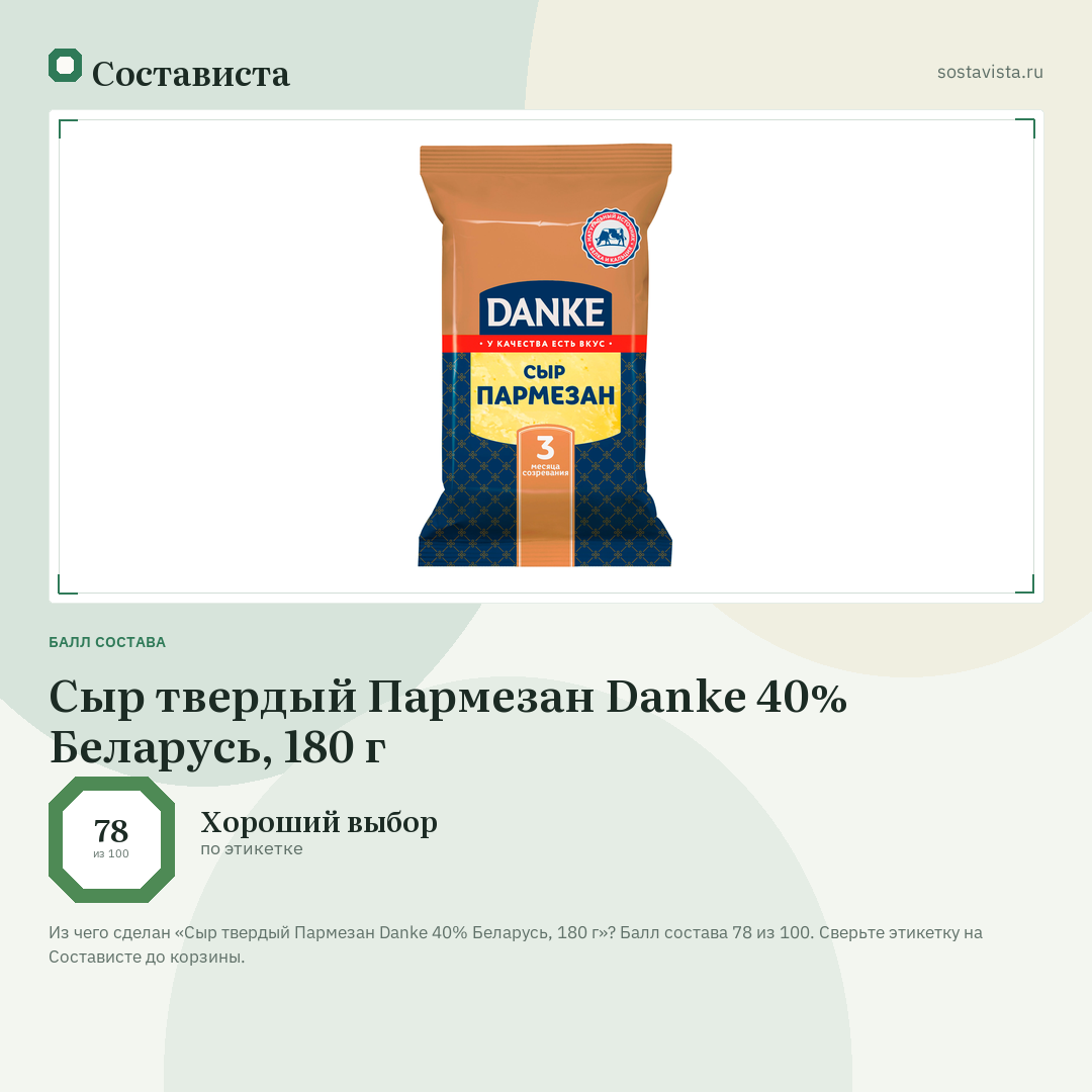 Сыр твердый Пармезан Danke 40% Беларусь, 180 г: балл состава 78 из 100 — Состависта