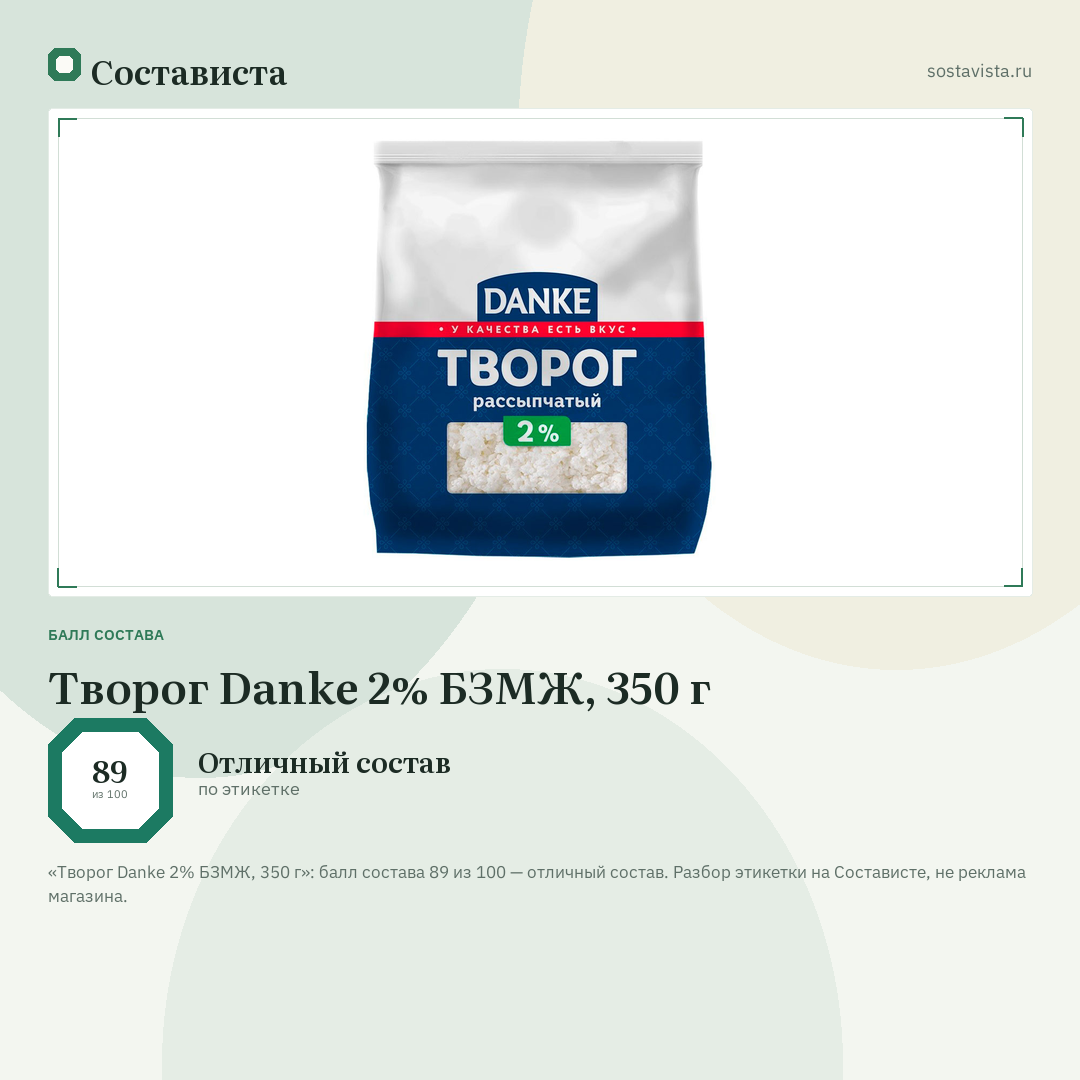 Творог Danke 2% БЗМЖ, 350 г: балл состава 89 из 100 — Состависта