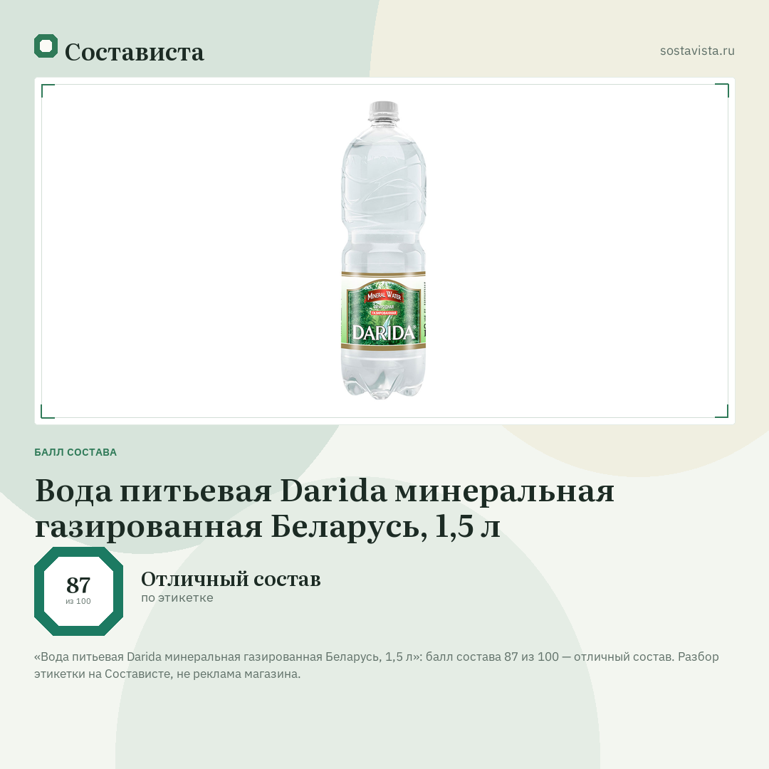 Вода питьевая Darida минеральная газированная Беларусь, 1,5 л: балл состава 87 из 100 — Состависта