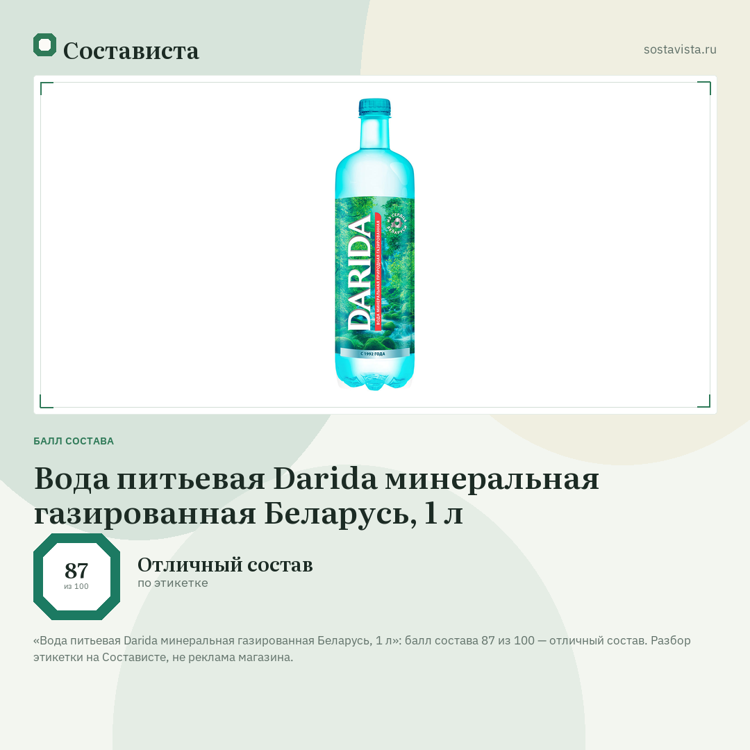Вода питьевая Darida минеральная газированная Беларусь, 1 л: балл состава 87 из 100 — Состависта