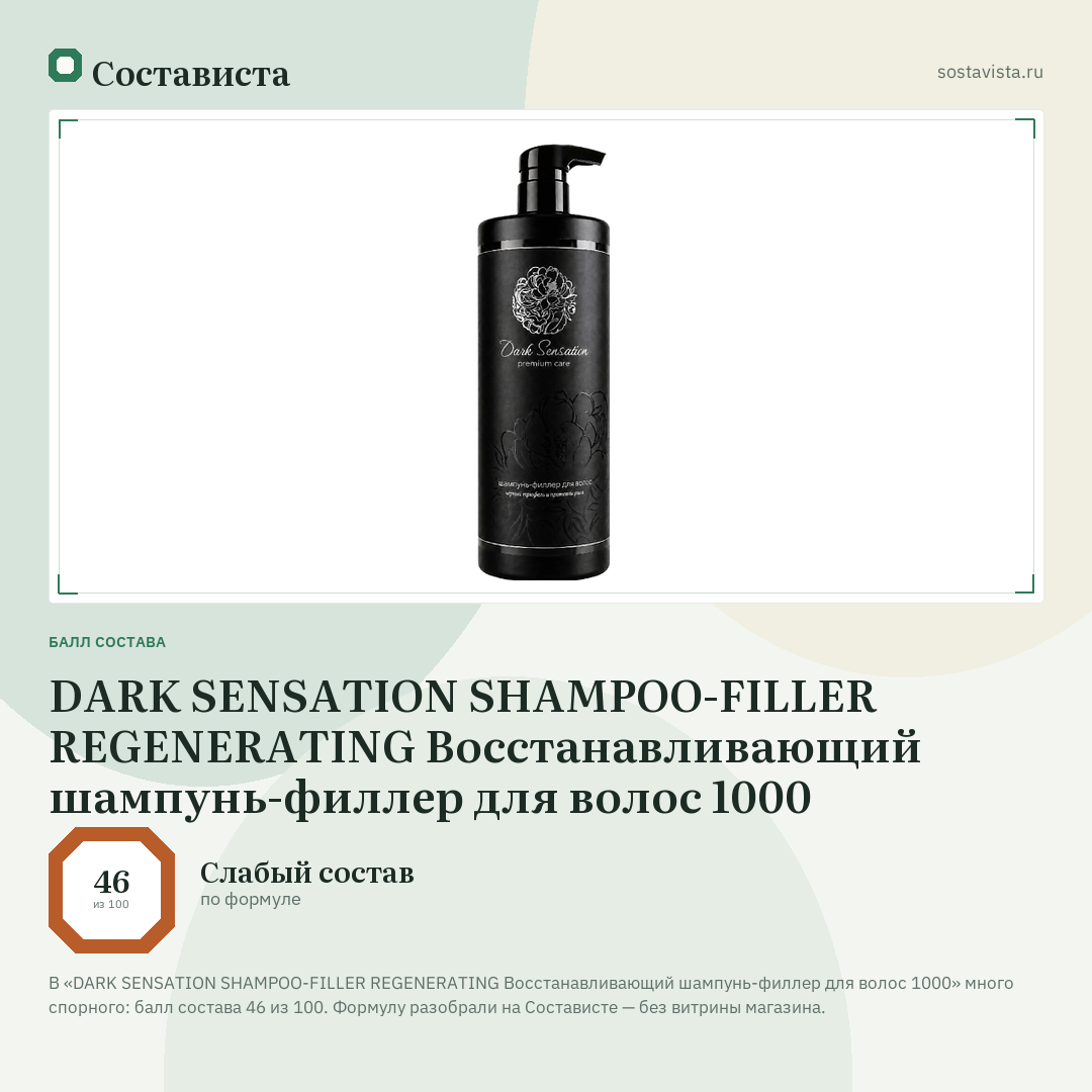 DARK SENSATION SHAMPOO-FILLER REGENERATING Восстанавливающий шампунь-филлер для волос 1000: балл состава 46 из 100 — Состависта