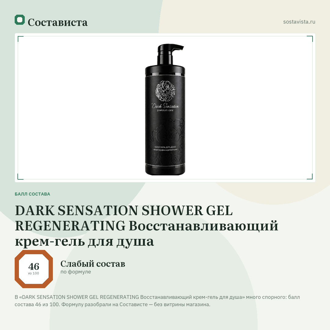 DARK SENSATION SHOWER GEL REGENERATING Восстанавливающий крем-гель для душа: балл состава 46 из 100 — Состависта