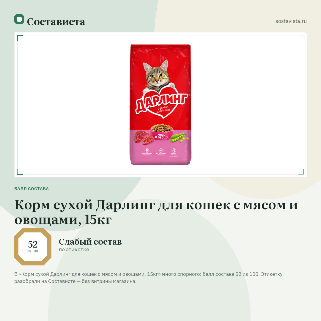 Корм сухой Дарлинг для кошек с мясом и овощами, 15кг: балл состава 52 из 100 — Состависта