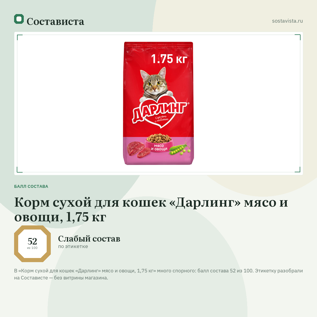 Корм сухой для кошек «Дарлинг» мясо и овощи, 1,75 кг: балл состава 52 из 100 — Состависта