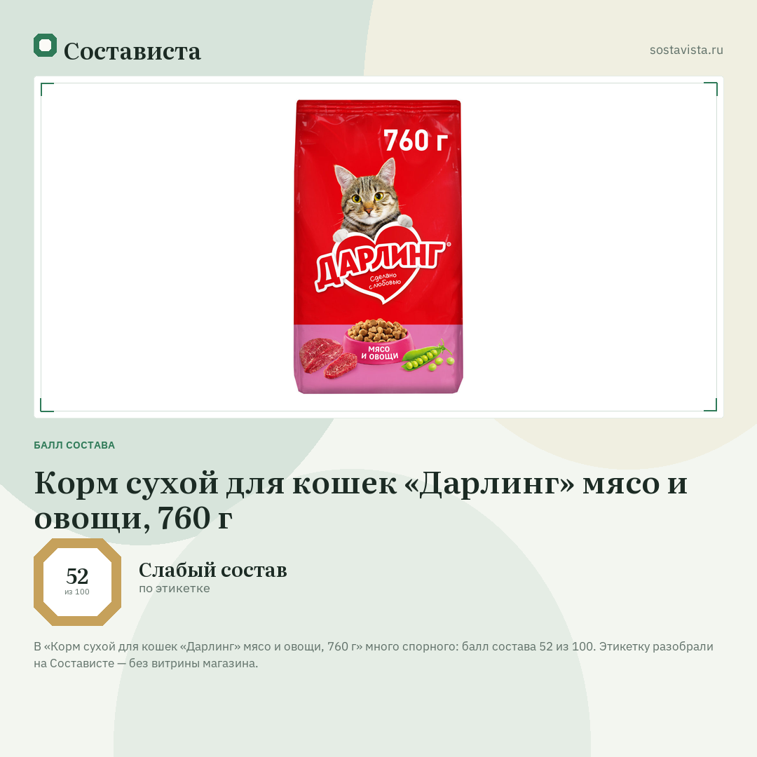 Корм сухой для кошек «Дарлинг» мясо и овощи, 760 г: балл состава 52 из 100 — Состависта